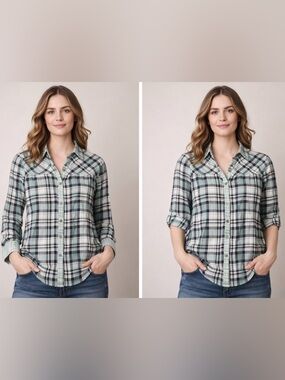 FDJ French Dressing Jeans Plaid Cotton Button-Up Shirt| Size 8 |Roll-Tab Sleeves